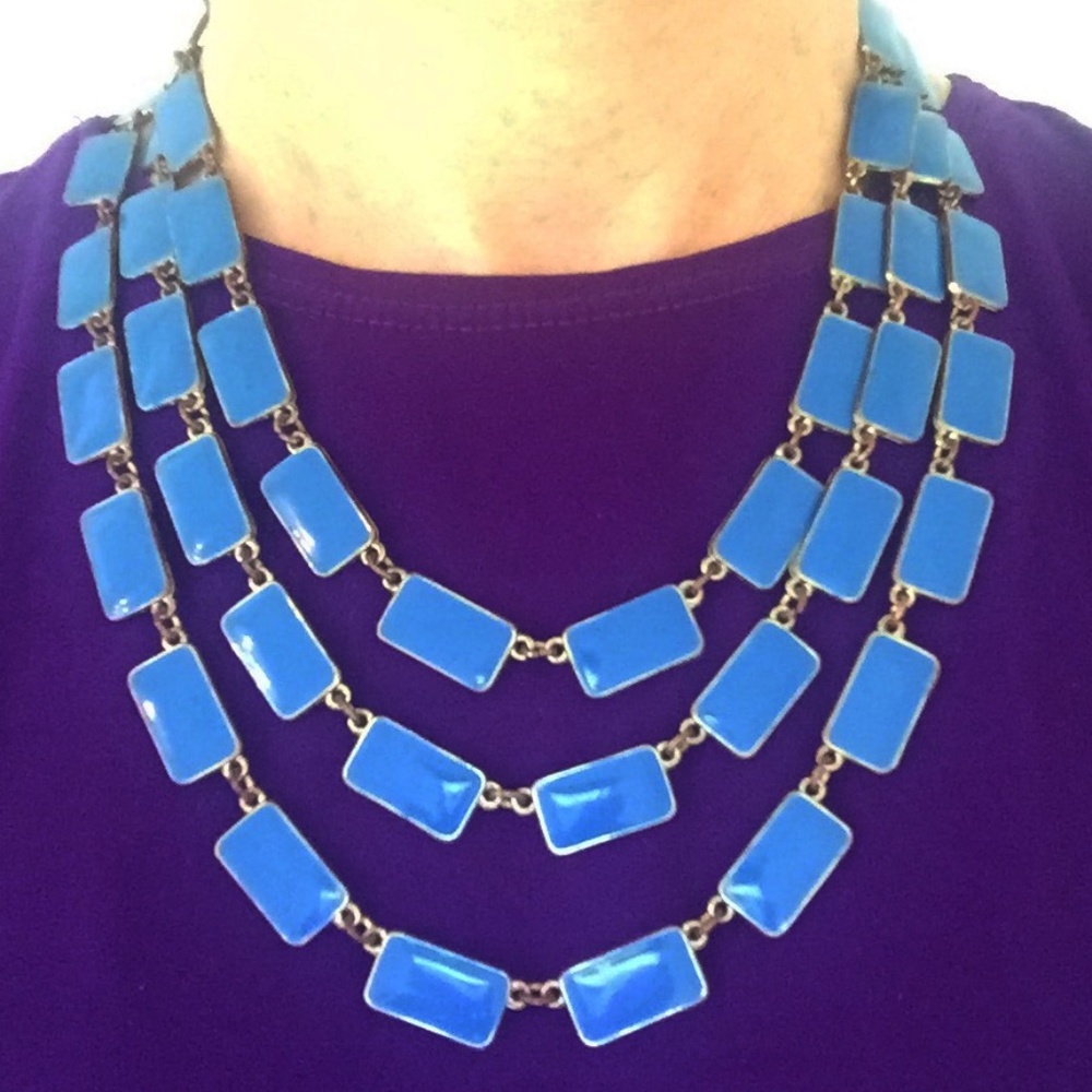 Rare VINTAGE 1950's Three Tier Teal Blue Enamel Necklace.